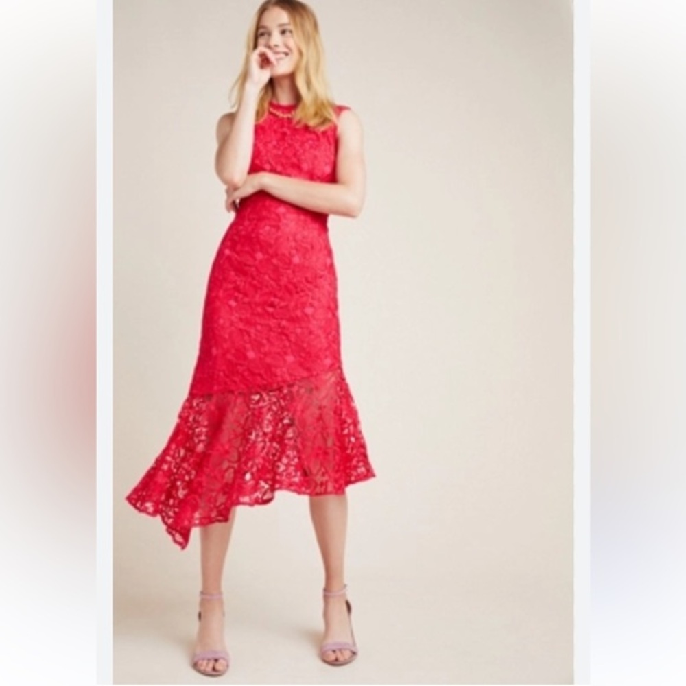 Shoshanna Anthropologie Botanique Lace Midi Dress Size 4 Asymmetrical Hem